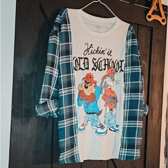 Reworked Tshirt Top Y2k Unisex Fit Size XL Custom Sewn Graphic Flannel Cartoon - Picture 4 of 4
